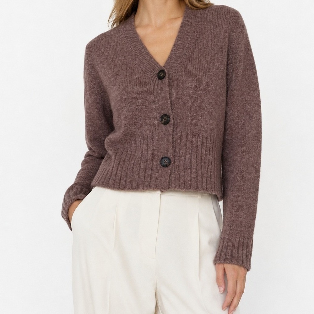 Everlane Alpaca Wool Blend Cropped Cardigan Taupe Button Front Sweater XS
